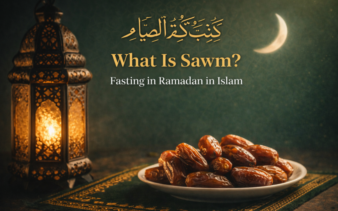 Ramadan lantern and dates on a plate symbolising Sawm fasting in Islam with crescent moon and green Islamic background.