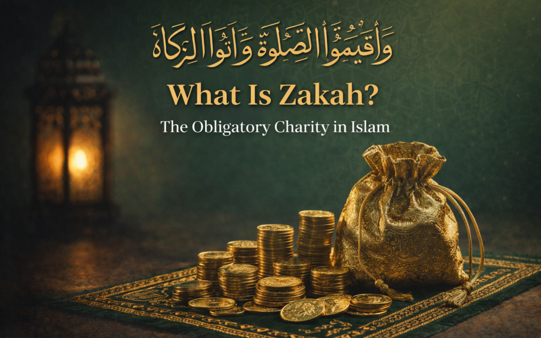 Gold coins and a decorative pouch symbolising Zakah charity in Islam on a green Islamic patterned background.