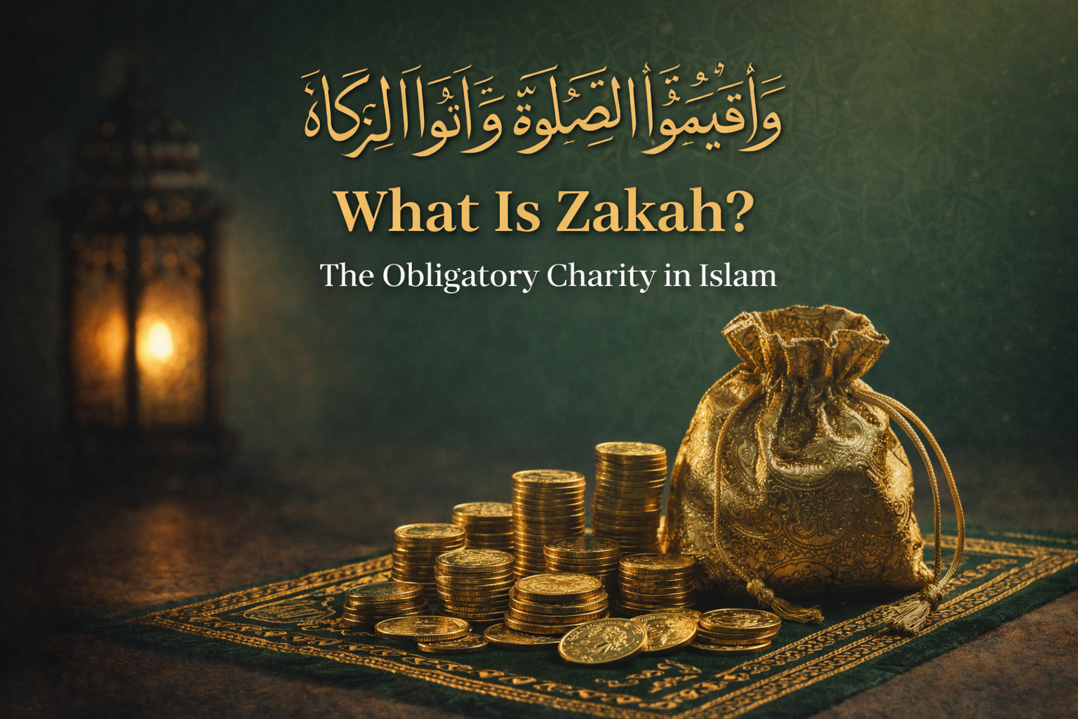 Gold coins and a decorative pouch symbolising Zakah charity in Islam on a green Islamic patterned background.