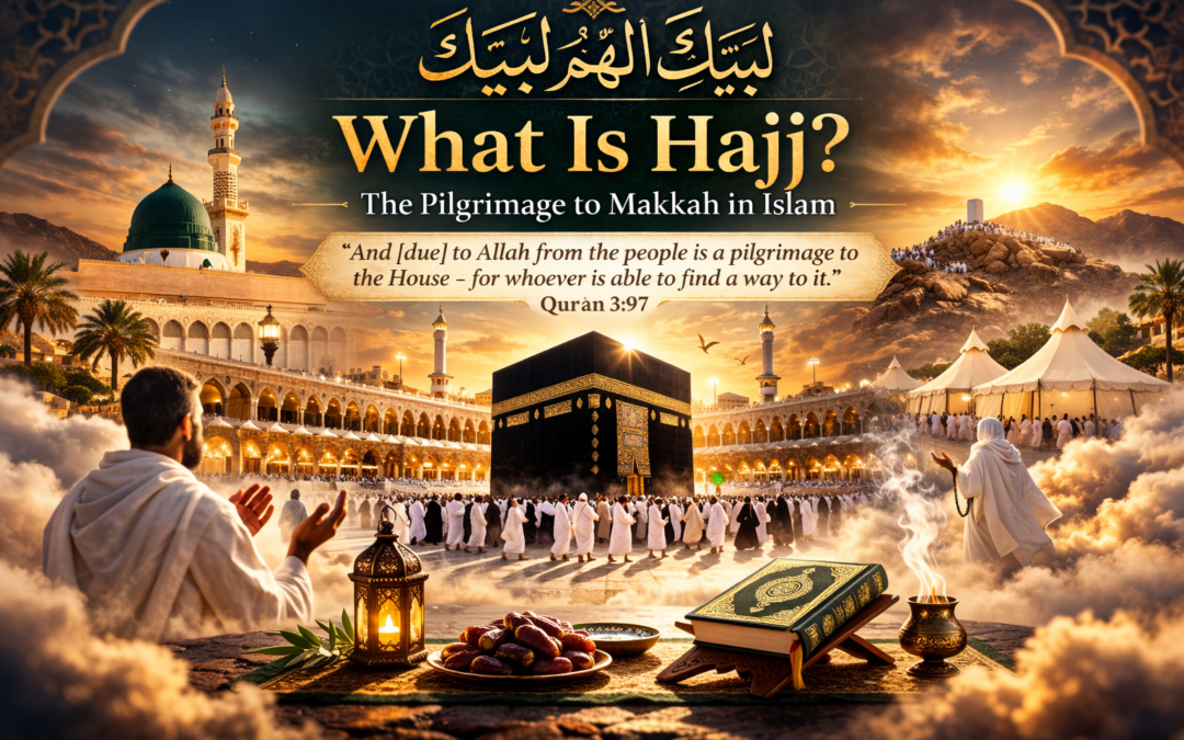 Pilgrims performing Hajj around the Kaaba in Makkah with Islamic calligraphy and golden sunset background.