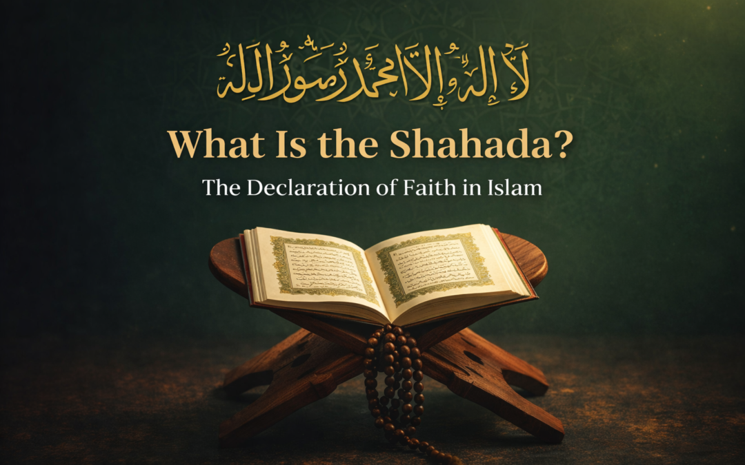 Open Qur’an on a wooden stand with prayer beads beneath golden Arabic calligraphy of the Shahada on a green geometric background.