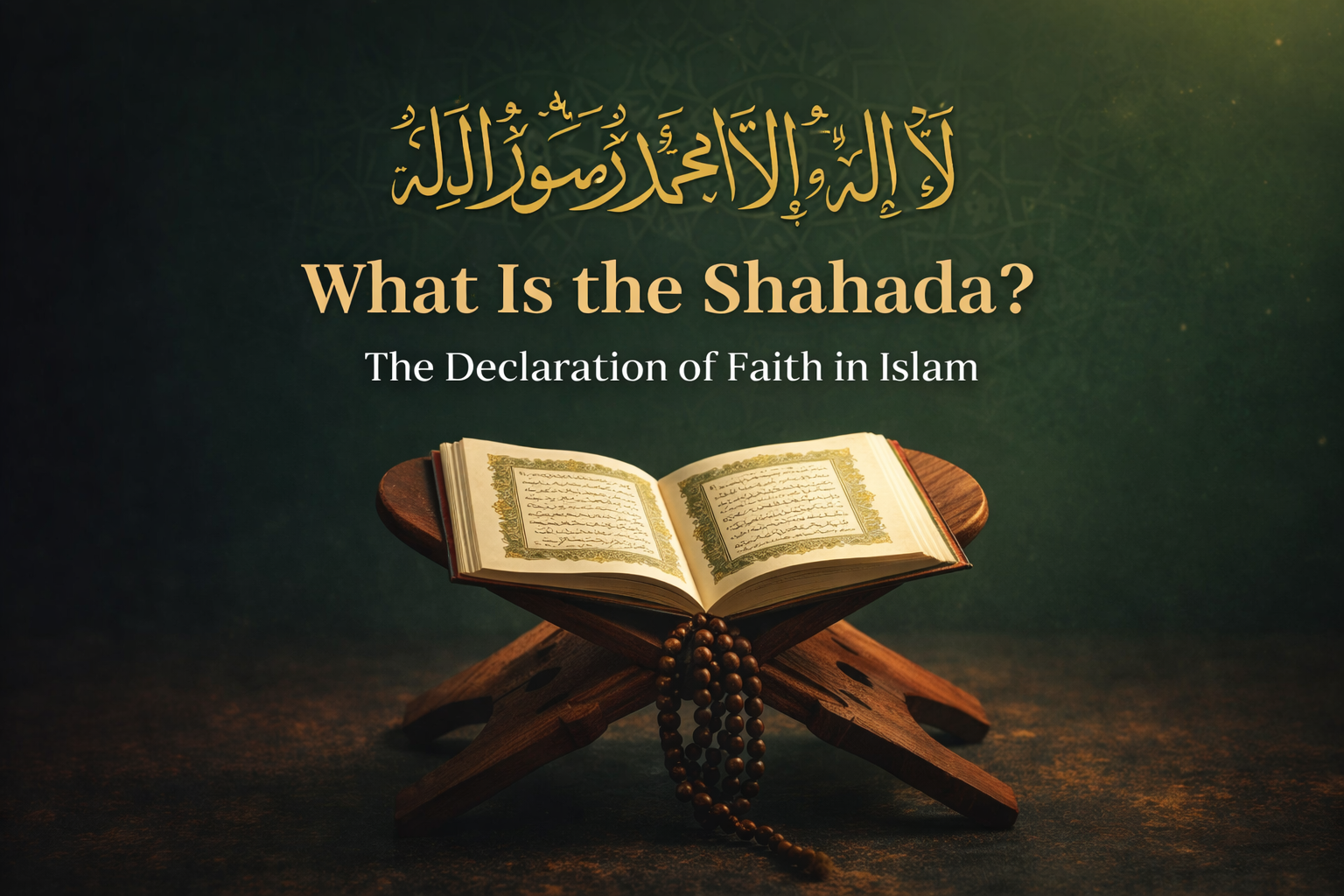 Open Qur’an on a wooden stand with prayer beads beneath golden Arabic calligraphy of the Shahada on a green geometric background.