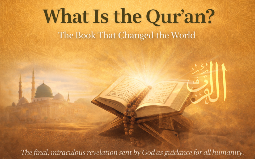 Featured image for What Is the Qur’an article showing an open Qur’an on a wooden stand with radiant light, golden Islamic geometric background, and mosque silhouette.