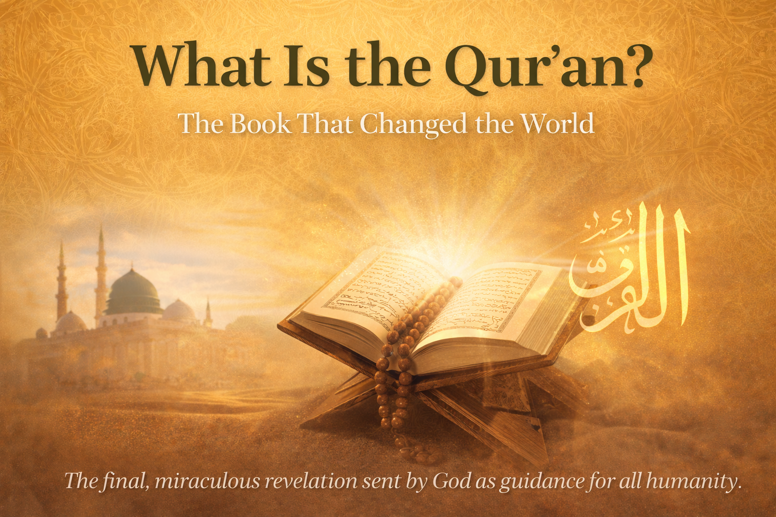 Featured image for What Is the Qur’an article showing an open Qur’an on a wooden stand with radiant light, golden Islamic geometric background, and mosque silhouette.
