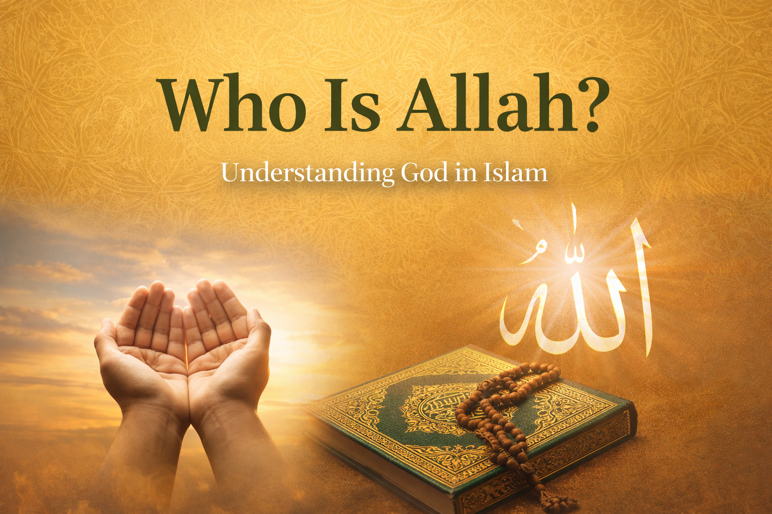 Who Is Allah featured image showing hands in prayer, the Qur’an, and Arabic calligraphy of Allah against a golden Islamic patterned background.
