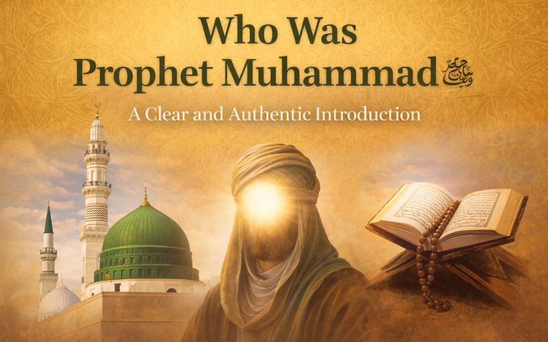 Featured image for Who Was Prophet Muhammad article showing the Prophet’s Mosque in Madinah and an open Qur’an against a golden Islamic patterned background.