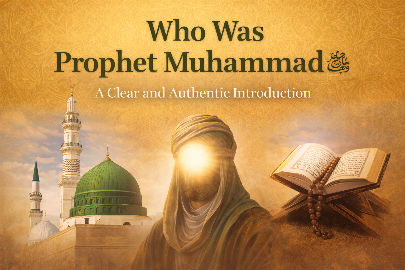 Featured image for Who Was Prophet Muhammad article showing the Prophet’s Mosque in Madinah and an open Qur’an against a golden Islamic patterned background.