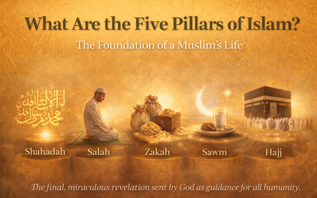 Featured image for Five Pillars of Islam article showing symbolic representations of Shahadah, prayer, charity, fasting, and Hajj against a golden Islamic background.