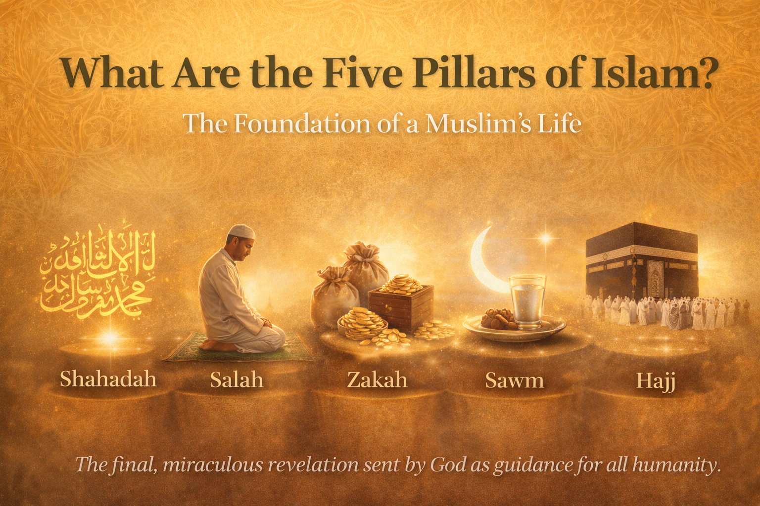 Featured image for Five Pillars of Islam article showing symbolic representations of Shahadah, prayer, charity, fasting, and Hajj against a golden Islamic background.