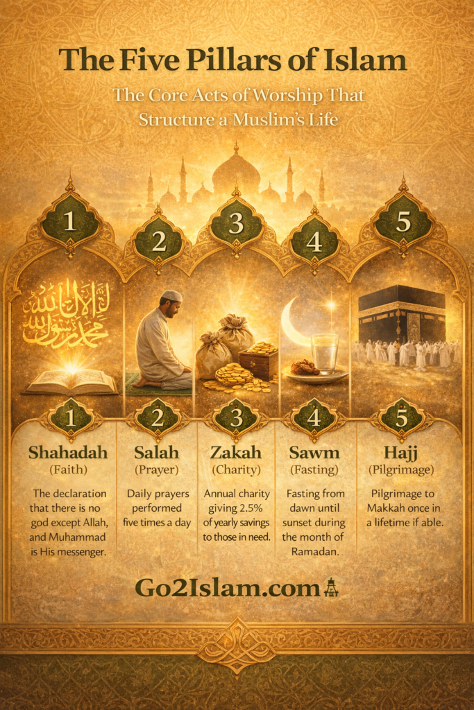Five Pillars of Islam overview infographic