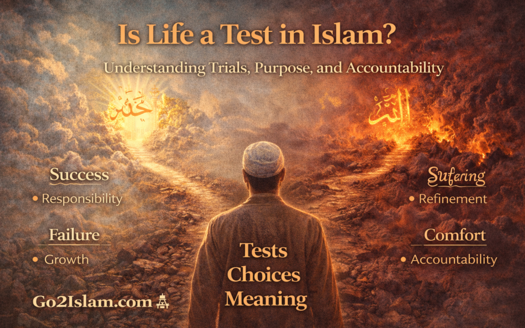 Featured image for Is Life a Test in Islam article showing a person standing at a crossroads between light and fire symbolising paradise and accountability.