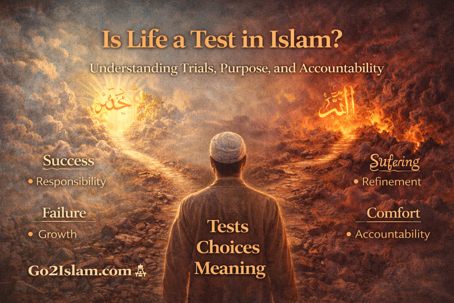 Featured image for Is Life a Test in Islam article showing a person standing at a crossroads between light and fire symbolising paradise and accountability.