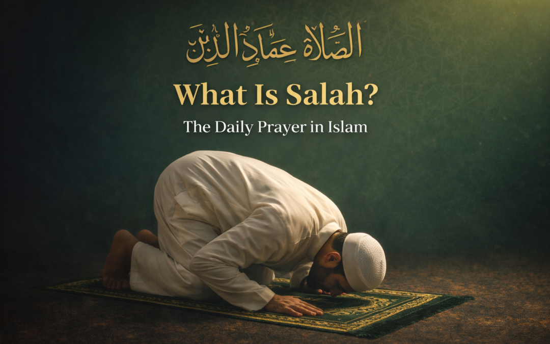 Muslim man in sujood (prostration) during Salah on a green prayer mat with Islamic geometric background and gold calligraphy.