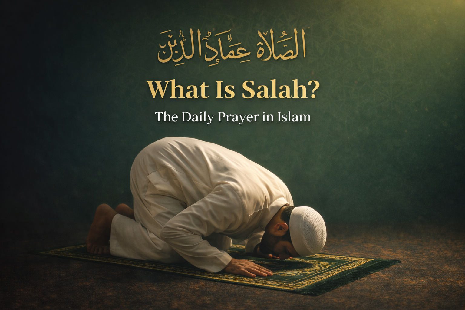 Muslim man in sujood (prostration) during Salah on a green prayer mat with Islamic geometric background and gold calligraphy.