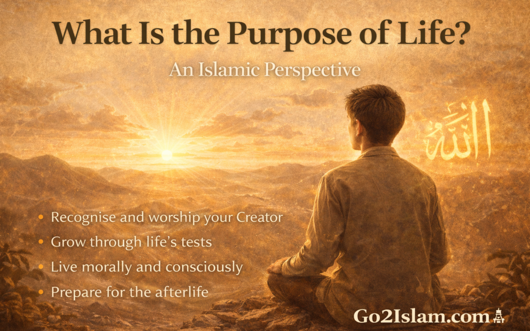 Featured image for Purpose of Life in Islam article showing a person reflecting at sunset with Islamic calligraphy and golden background.