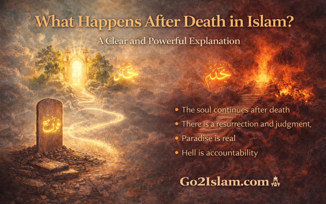 Featured image for What Happens After Death in Islam article showing a grave with a path leading toward light and fire symbolising judgment, paradise, and accountability.