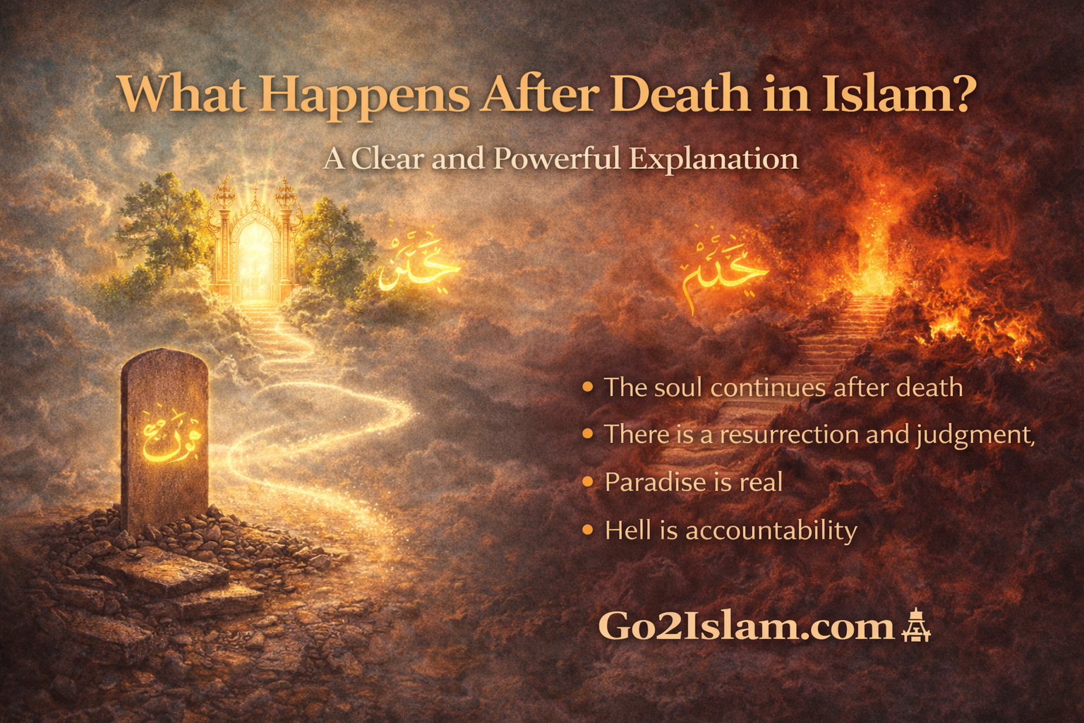 Featured image for What Happens After Death in Islam article showing a grave with a path leading toward light and fire symbolising judgment, paradise, and accountability.
